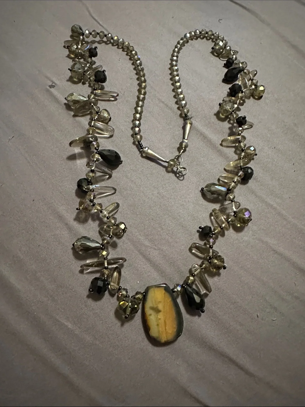 Beaded Agate Pendant Necklace in Smoky Brown and Gold